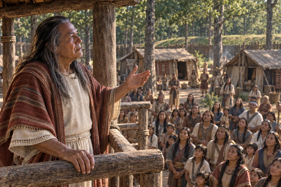 The older, clean-shaven King Benjamin speaks from a wooden platform above listening families.
