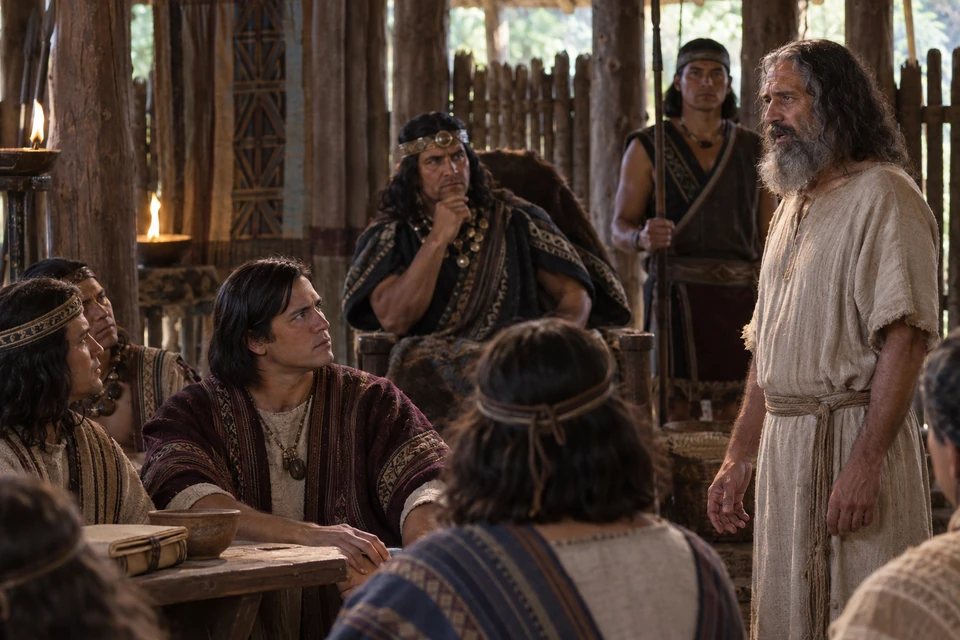 Abinadi speaks in a timber court while Alma the Elder, then a young man, listens among the witnesses.