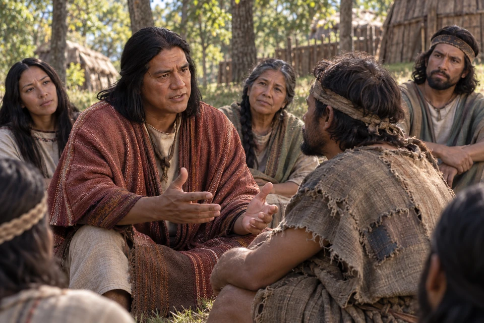 Alma the Younger and Amulek listen and teach among poor people in a woodland settlement.