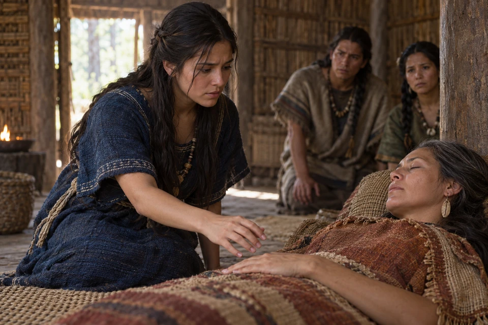 Abish kneels beside the reclining queen and reaches toward her hand while witnesses watch.