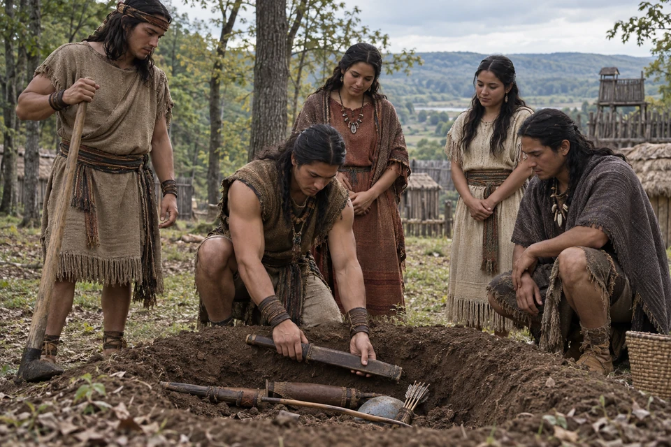 Members of a woodland community carefully lower weapons into a pit.