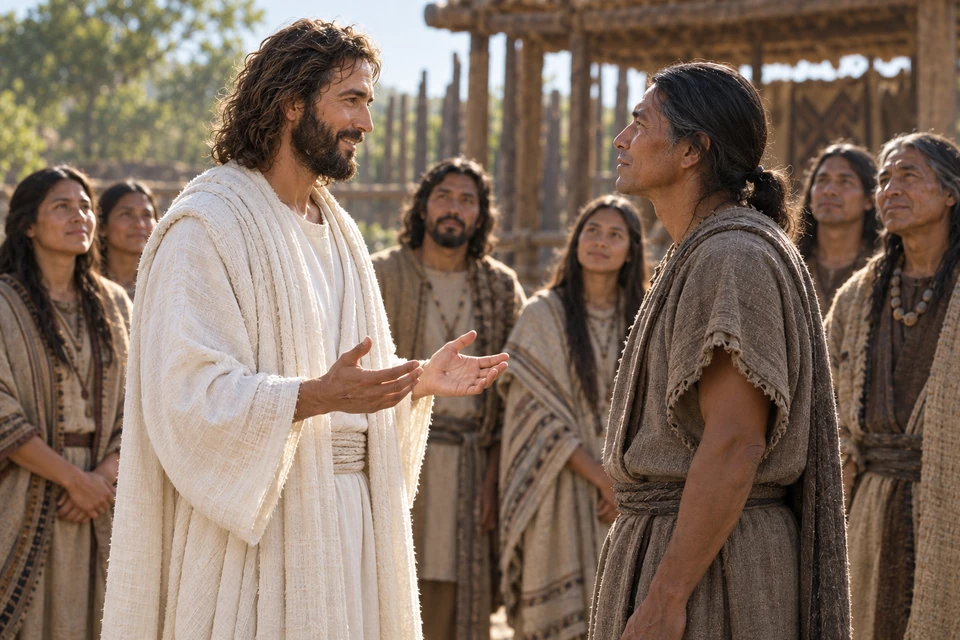 The resurrected Christ speaks face to face with an older Nephi before gathered listeners.