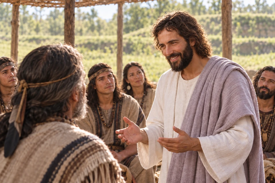 Christ in a soft lavender mantle addresses an attentive disciple beneath a timber shelter.