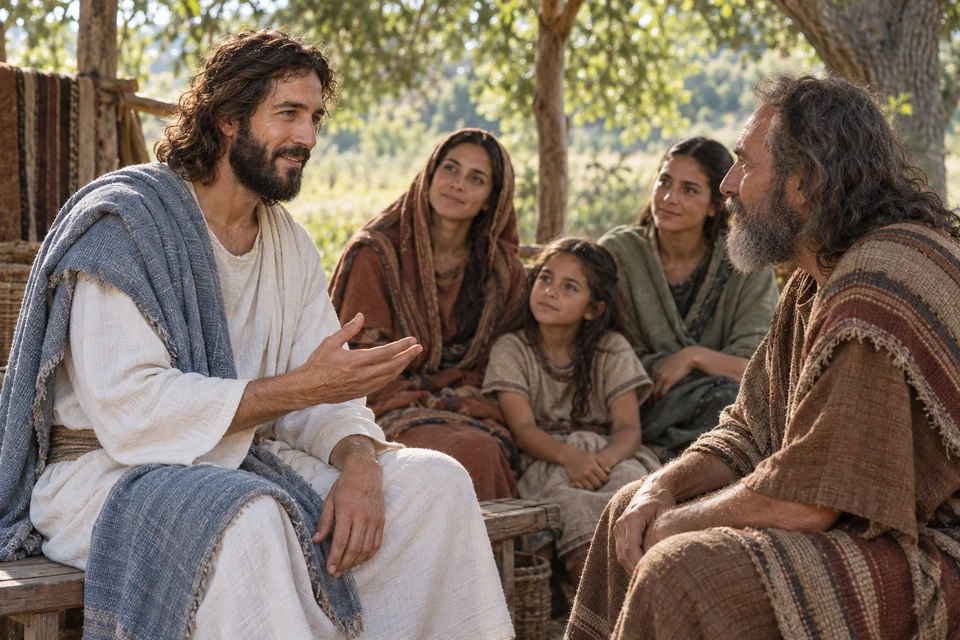 Christ in a blue mantle turns toward an older listener among families in a woodland gathering.