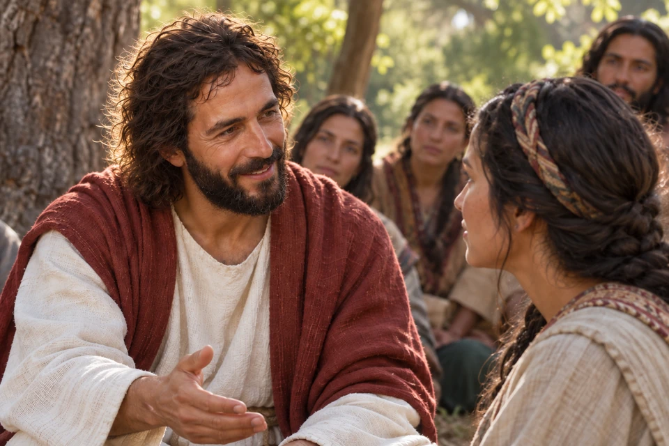 Christ in a russet mantle speaks attentively with a woman among gathered listeners.