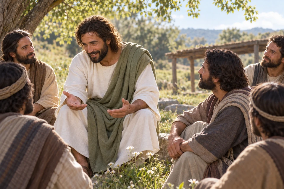 Christ in a green mantle teaches His disciples in a wooded clearing with small wildflowers nearby.
