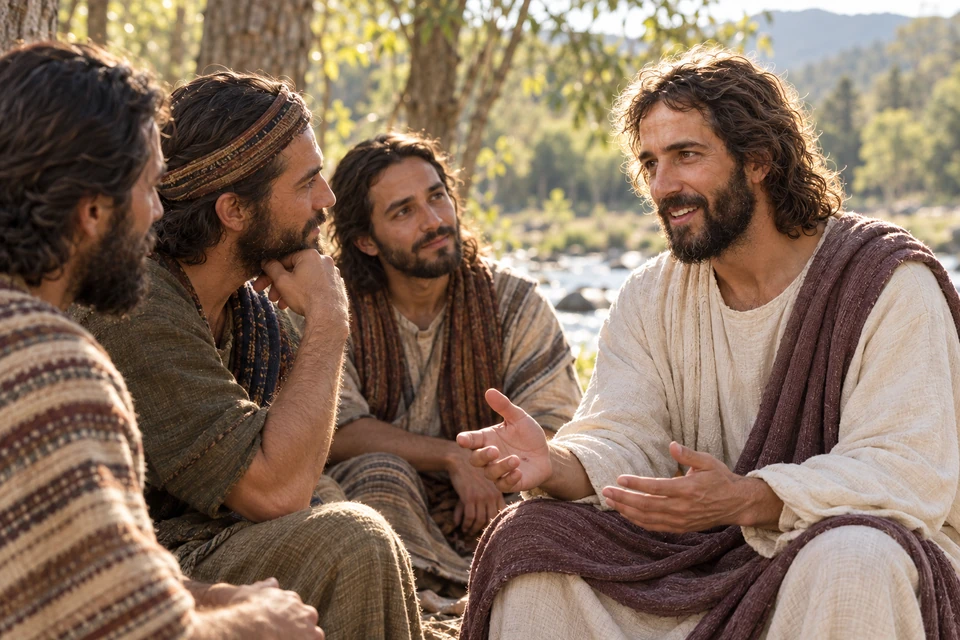 Christ in a plum-colored mantle speaks with disciples seated close to Him.