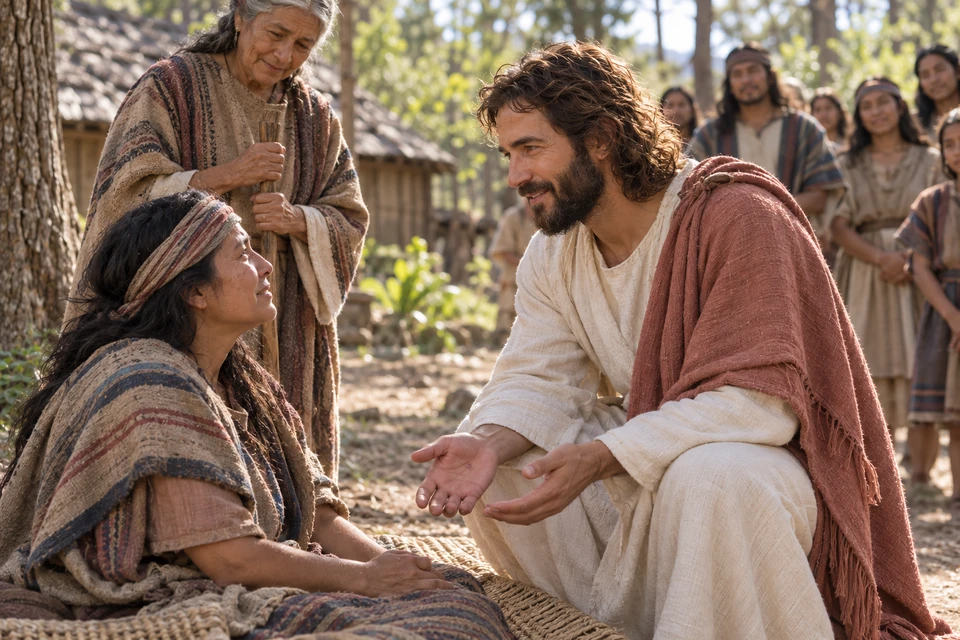 Christ in a clay-rose mantle lowers Himself beside a seated woman as companions gather nearby.