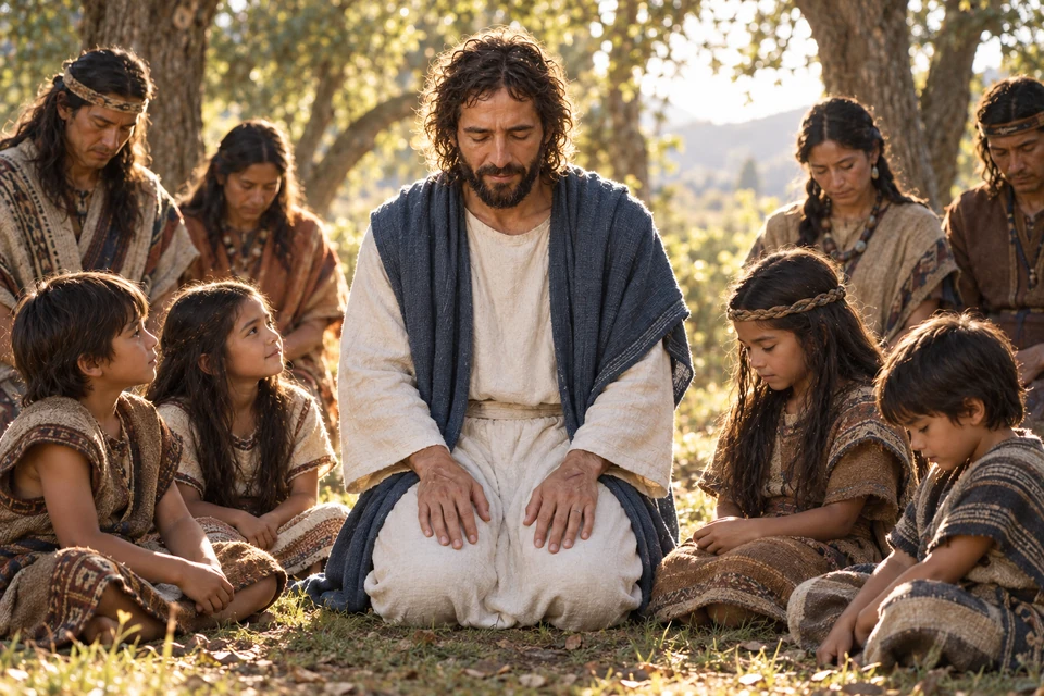 Christ kneels in prayer amid children while their families remain close.