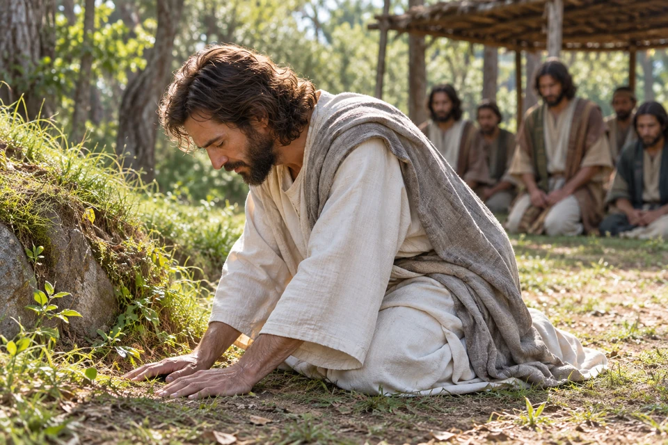 The resurrected Christ bows low to the earth a little distance from His kneeling disciples.