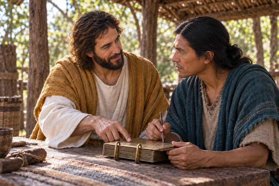Christ and an older Nephi attend to a record on a low wooden surface.
