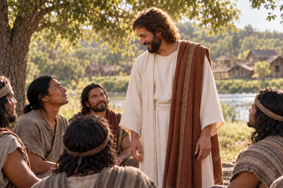 Christ speaks among disciples gathered in a woodland setting.