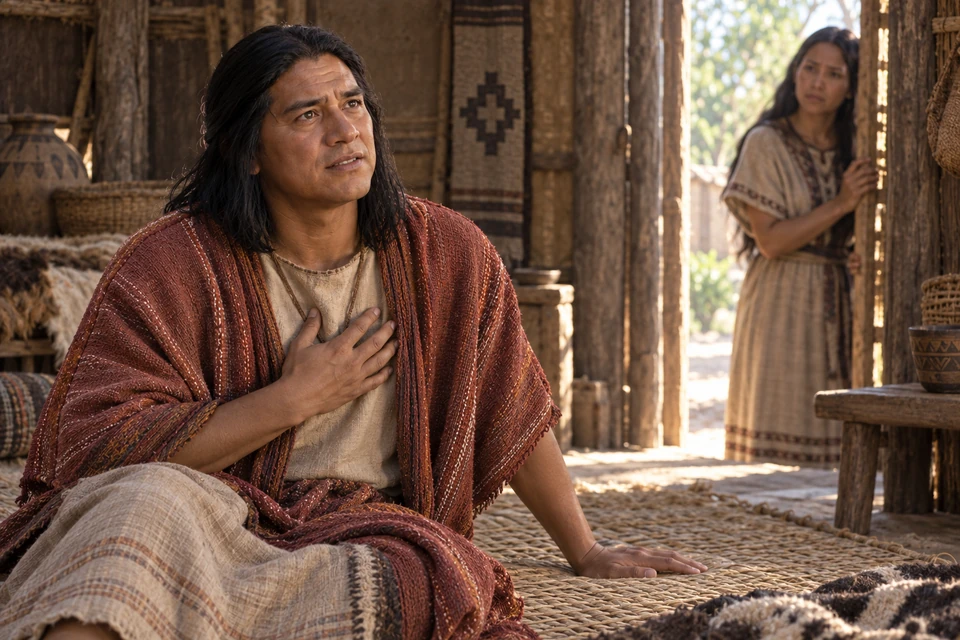 A younger Alma sits upright on a woven mat, his expression changed to quiet relief.