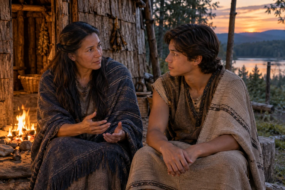A mother and her adolescent son speak attentively near a woodland home.