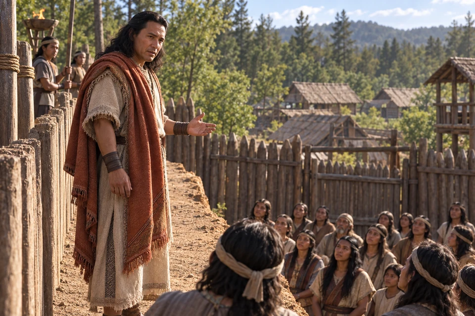 Samuel addresses listeners from an earthen wall reinforced with timber.