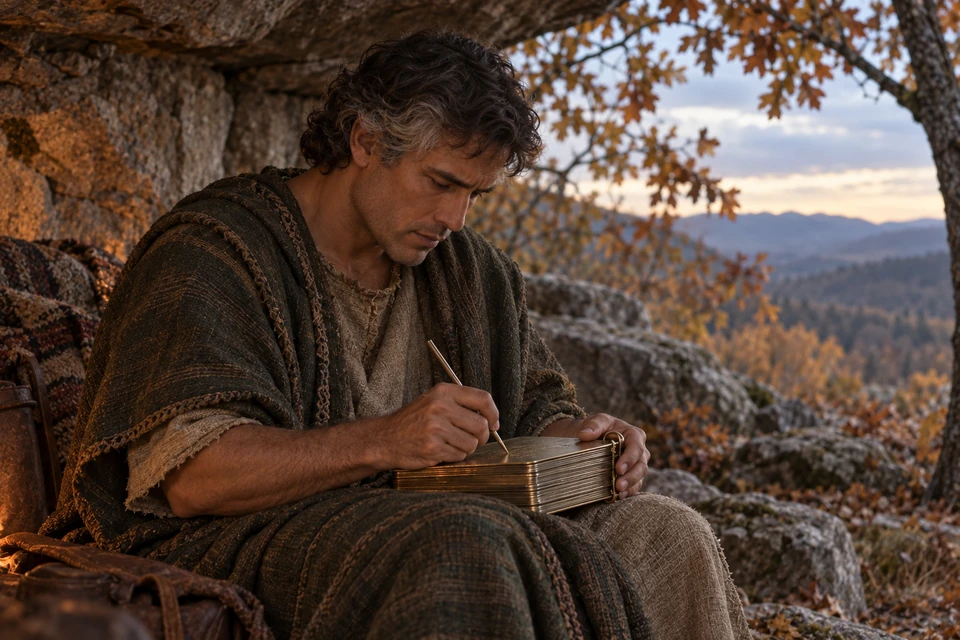 An older Moroni writes on small metal plates beneath a woodland rock shelter.