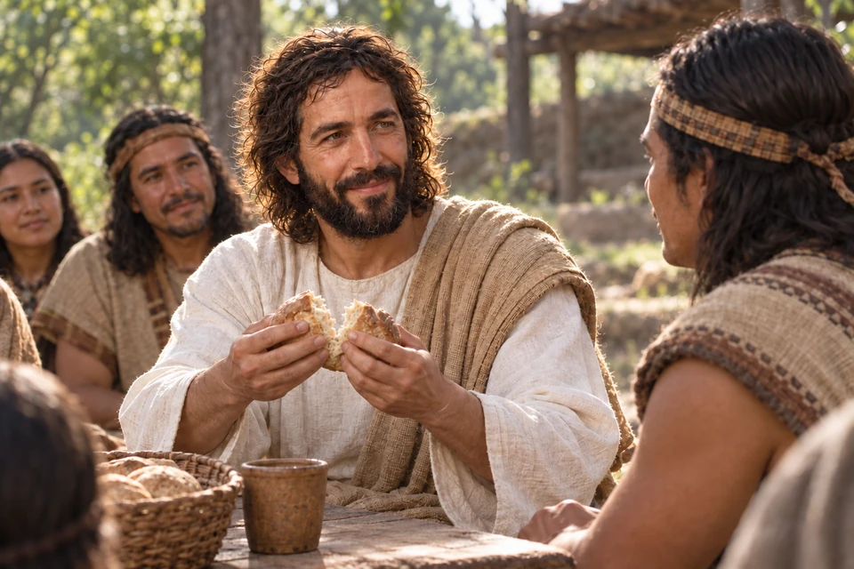 Christ in a golden-beige mantle breaks bread before an attentive disciple.
