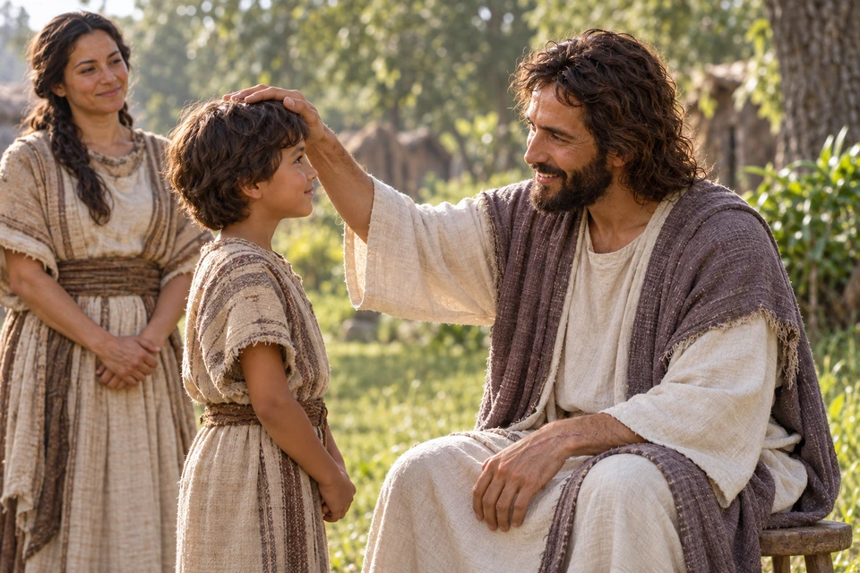 Christ in a purple-gray mantle blesses a child while a parent waits nearby.