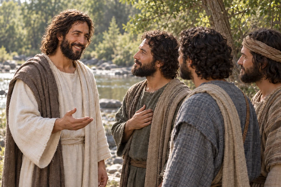 Christ speaks with three disciples beside a quiet woodland river.