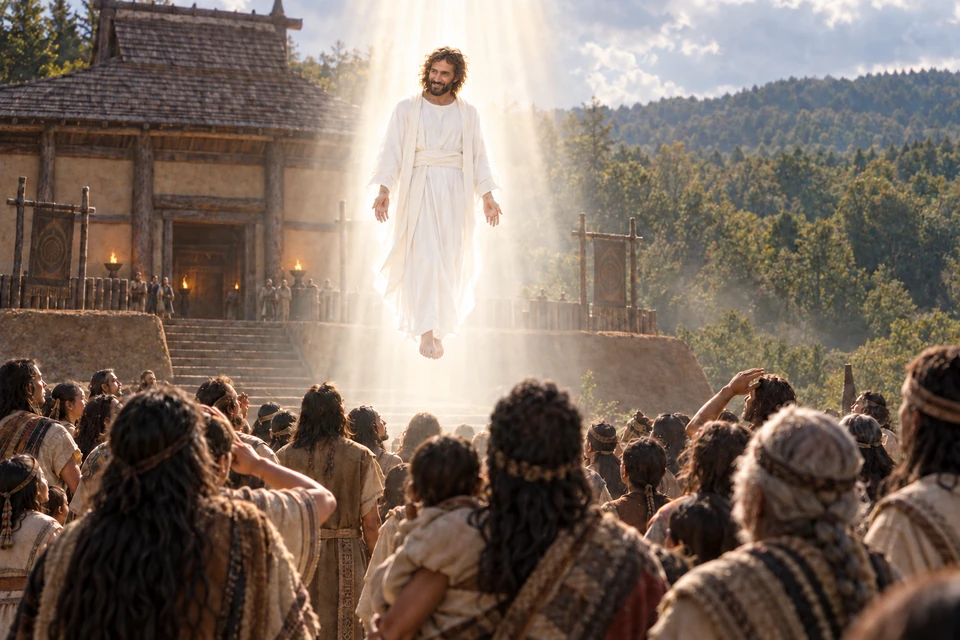 Christ in a white robe descends within heavenly light toward the people gathered around the temple at Bountiful.