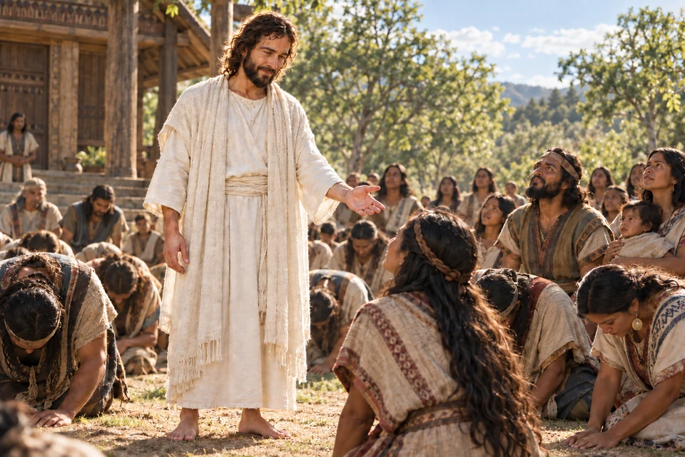 Christ stands before the people in white and extends His hand as listeners begin to kneel and bow.