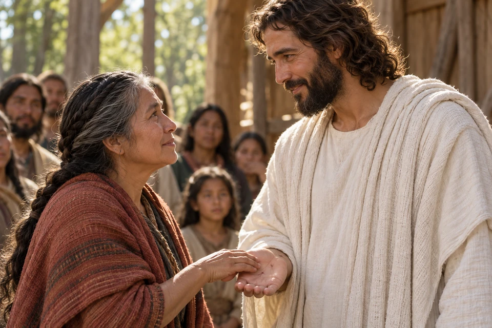 An older woman gently touches the healed mark in Christ’s open palm as He looks into her eyes.