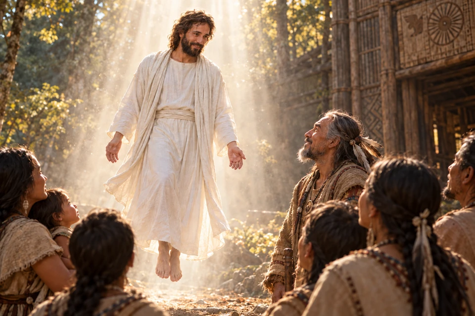 Christ descends close to the gathering in white, His attention turned toward an older man looking up at Him.