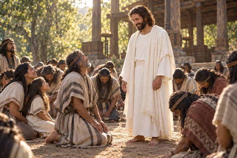 Christ stands among people who kneel and bow in gratitude after receiving their individual witness.