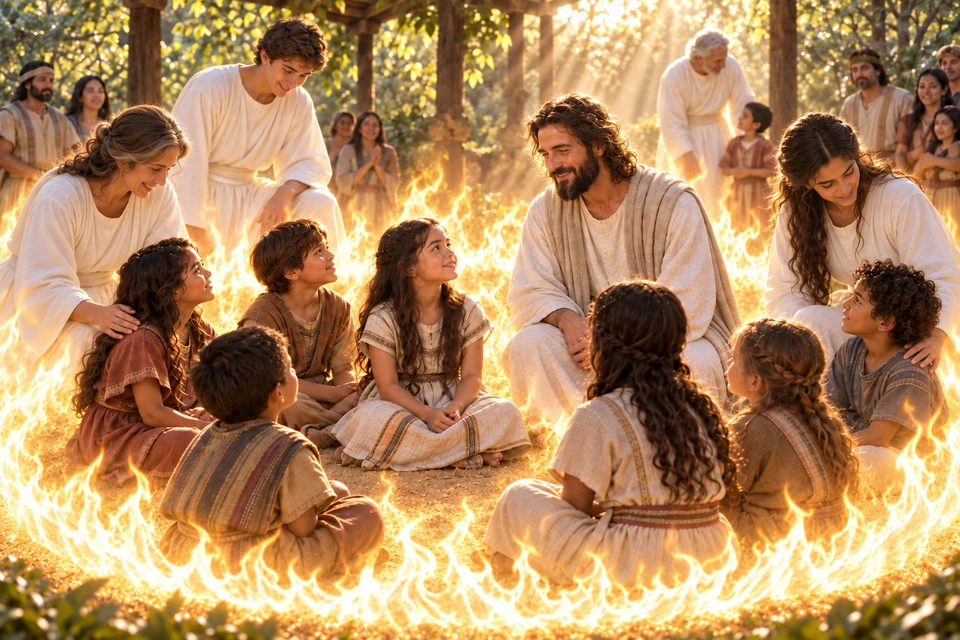 Angels in white minister around children encircled by heavenly fire while Christ and their families attend to them.