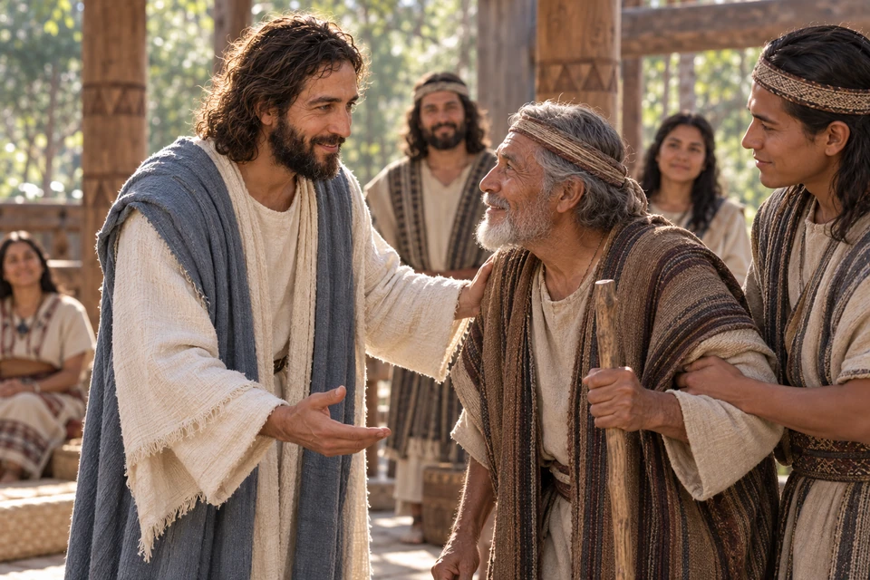 A companion helps an older man approach Christ, who turns toward him with gentle attention.