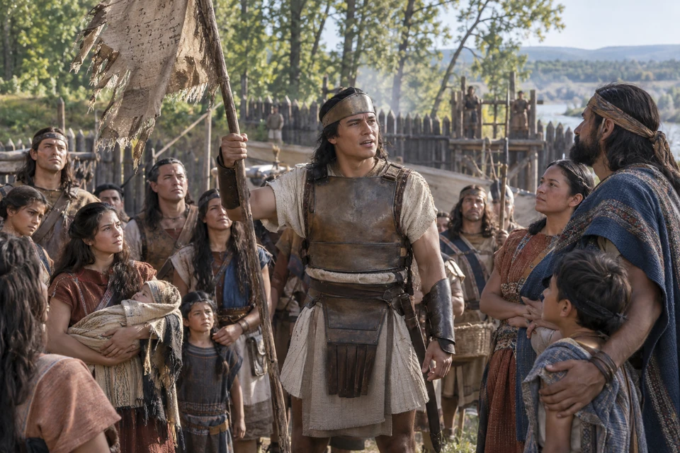 Captain Moroni raises a torn, inscribed cloth on a pole among listening families and defenders.
