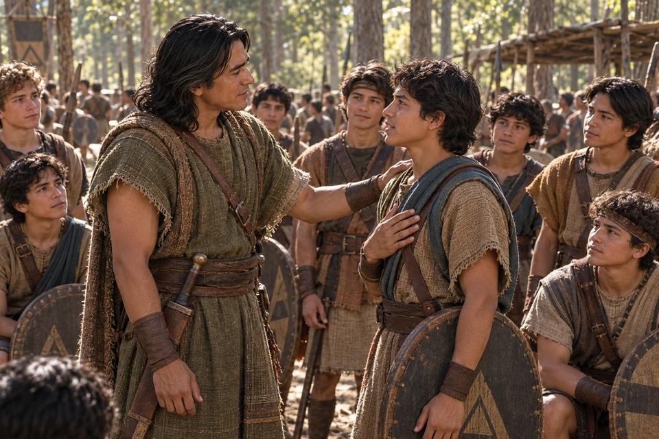 Helaman listens to a young warrior while other teenage soldiers gather around them in a woodland camp.