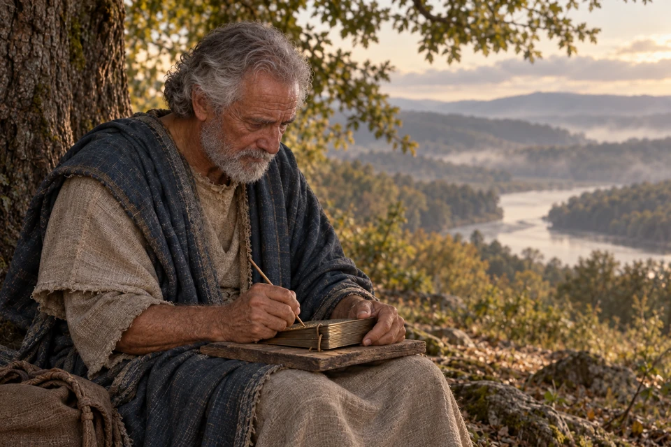 An elderly Mormon writes on metal record leaves beneath a tree overlooking a misty river landscape.