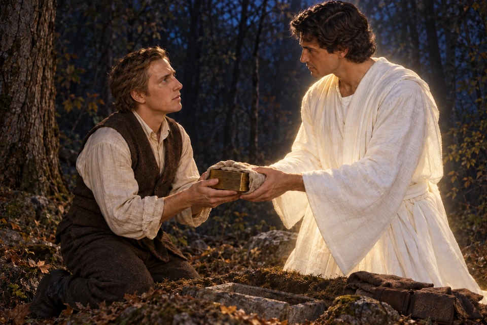 A youthful Joseph Smith receives a cloth-wrapped stack of plates from Moroni on a wooded hillside at night.