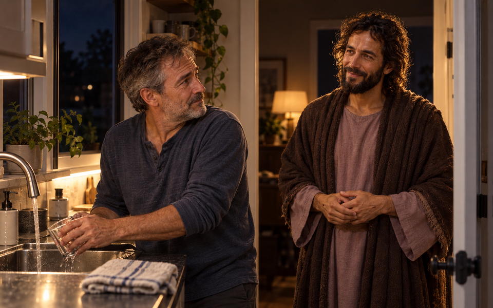 A man pauses while rinsing a glass at night and turns toward Christ standing in the kitchen doorway.