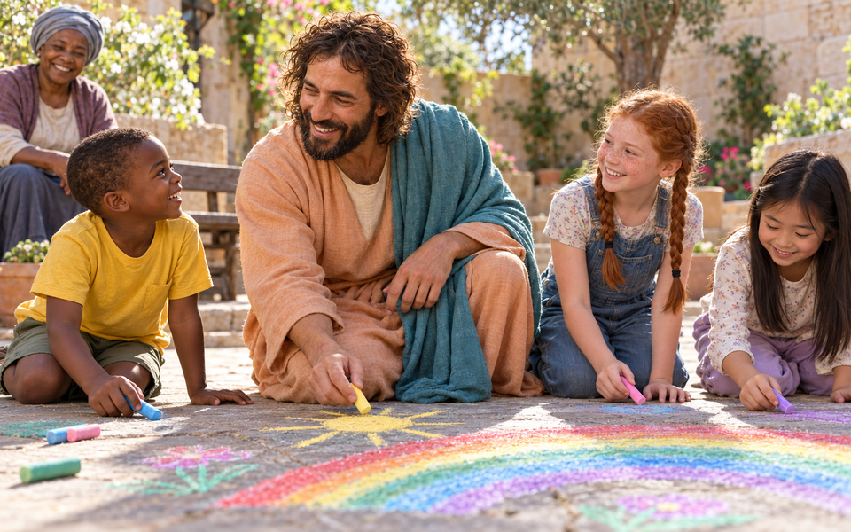 Christ holds yellow chalk beside a sun drawing while children make colorful pictures in a courtyard.