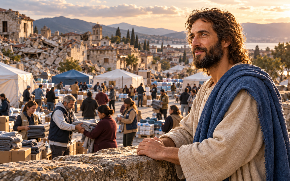 Christ looks across a relief center where people share blankets and supplies near damaged buildings.
