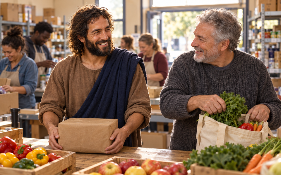 Christ and an older man pack food and fresh vegetables at a community food pantry.