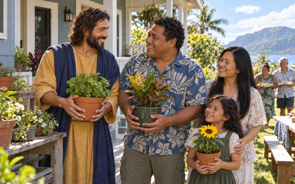 Christ and a father arrange potted plants on a porch while the family and neighbors gather.