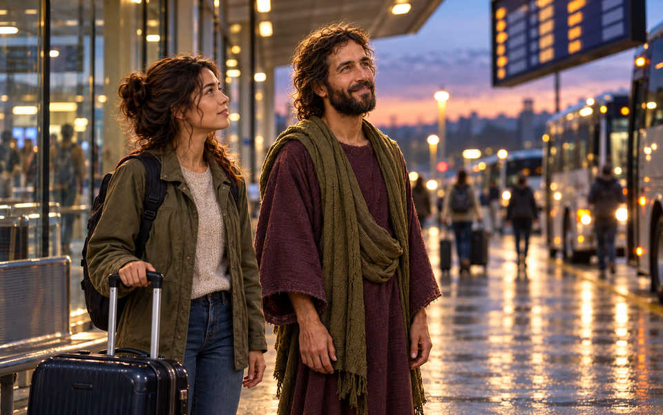 Christ and a young adult traveler stand side by side beneath a terminal departure board.
