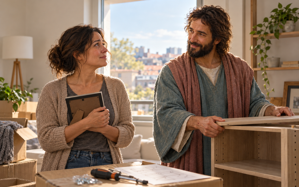 Christ helps assemble a shelf while a woman holds a framed photograph among moving boxes.