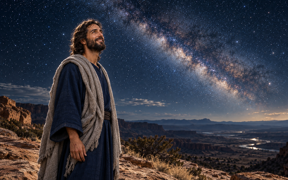 Christ looks into a star-filled sky above a broad desert valley.