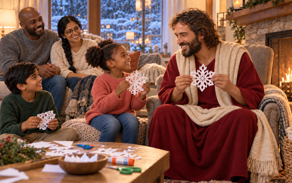 Christ and children show their own paper snowflakes beside a warm fire while snow falls outside.