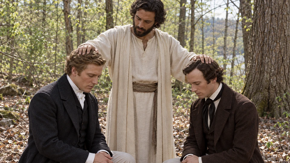 Joseph and Oliver kneel with bowed heads as John the Baptist places a hand on each man’s head.