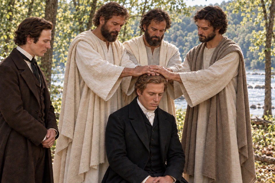Peter, James, and John place their hands on Joseph’s head while Oliver stands nearby.