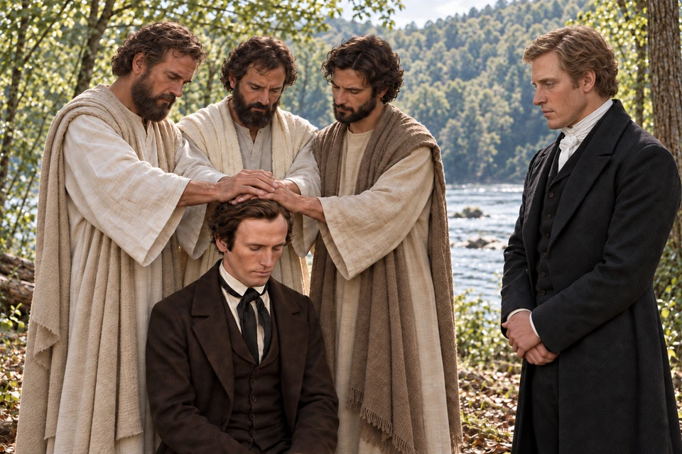 Peter, James, and John place their hands on Oliver’s head while Joseph stands nearby.
