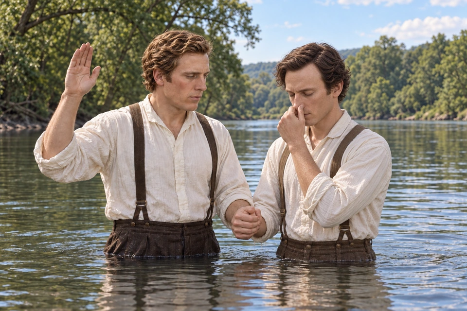 Joseph raises his right hand while Oliver prepares for immersion in the river.