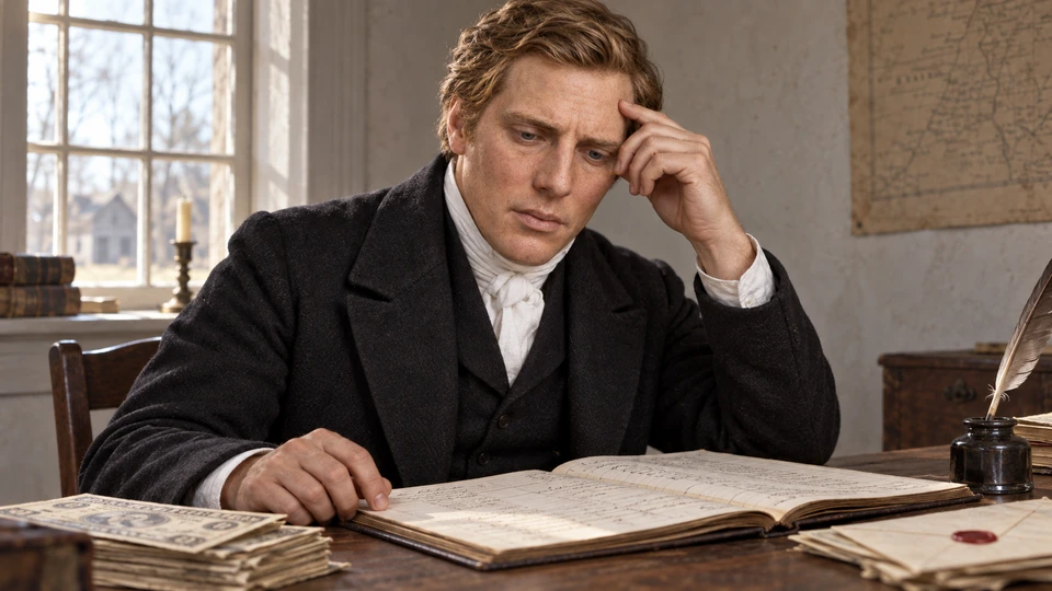 Joseph studies an account book with a concerned expression, resting one hand near his forehead.