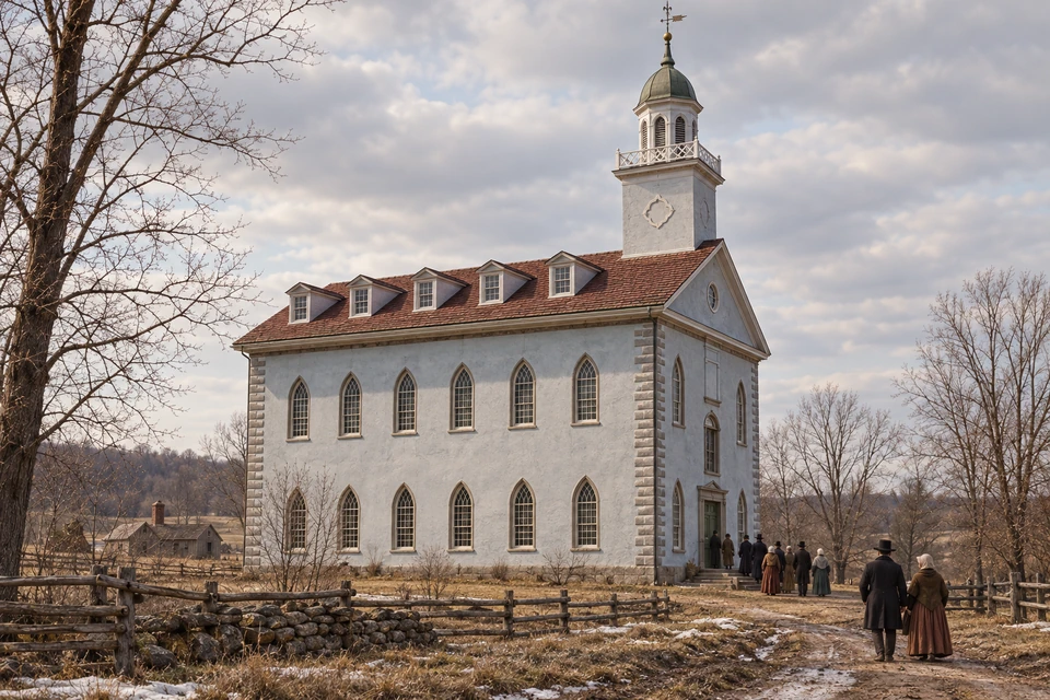 Worshippers approach the Kirtland Temple along a muddy path, beneath its red roof and pale blue-gray walls.