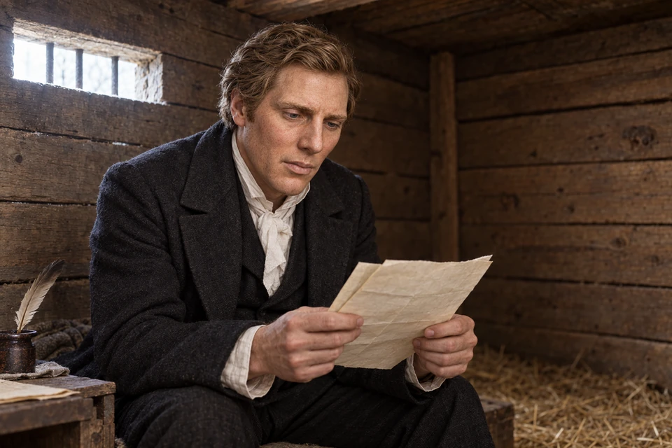 Joseph studies letter pages in his hands inside the timber-lined room at Liberty Jail.
